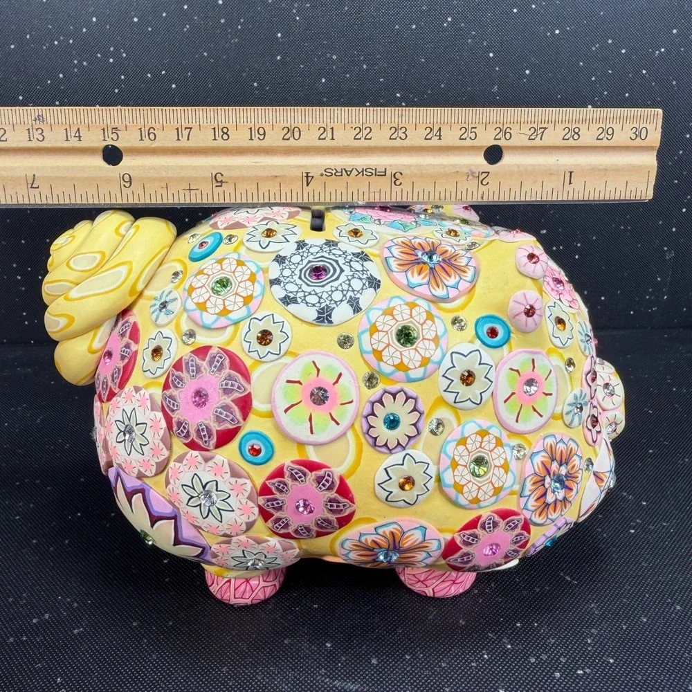 Billie Beads 2003 Handcrafted Piggy Bank Yellow Floral Millefiori Rhinestone 7in